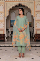 Women Teal Green Tabby Slik Print & Embroidered Kurta, Pant & Dupatta set